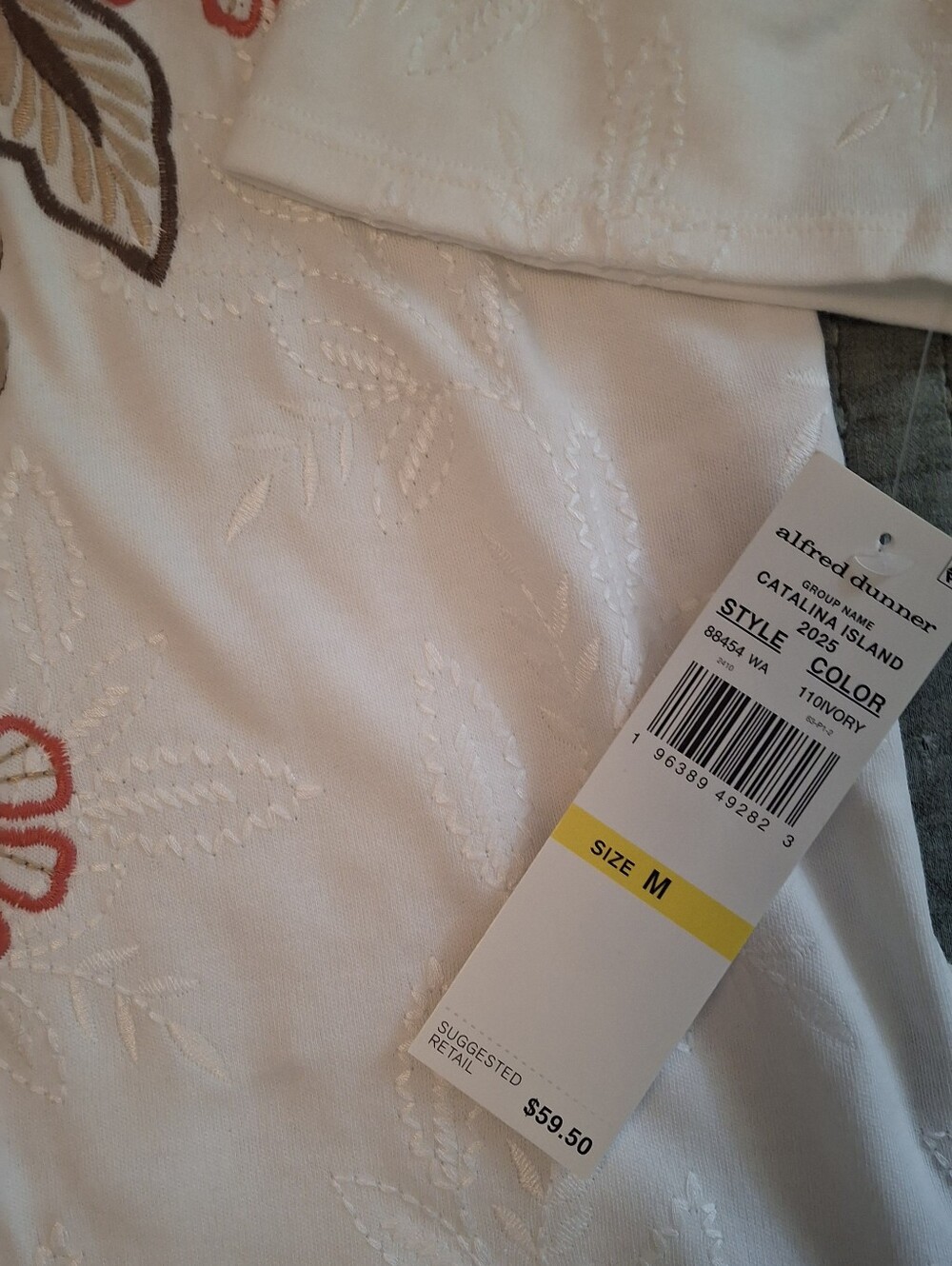 Alfred Dunner White V-Neck Tunic with Coral and Brown Floral Embroidery - Picture 3 of 3